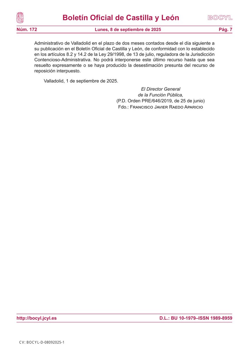🏛 CONSEJERÍA DE LA PRESIDENCIA

📰 RESOLUCIÓN de 1 de septiembre de 2025, de la Dirección General de la Función Pública, por la que se aprueba y publica la relación complementaria de candidatos de la relación definitiva de candidatos admitidos del ...

📎 bocyl.jcyl.es/boletines/2025…