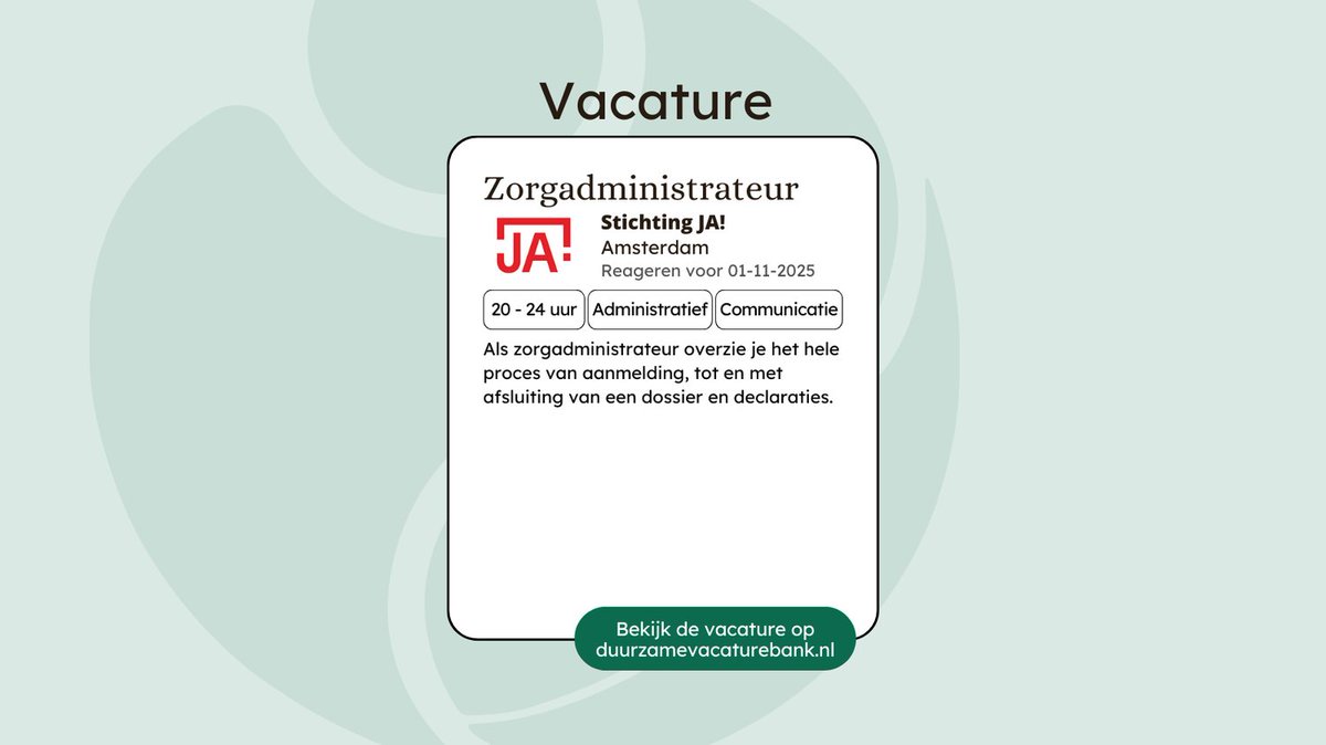 Werken bij Stichting JA! Dichtbij, Outreachend en Betekenisvol

Geen hulpvraag is hetzelfde, en dát maakt ons werk dynamisch, uitdagend en ontzettend waardevol. Vanwege onze groei en verdere professionalisering zoeken we een Zorgadministrateur.

👉 duurzamevacaturebank.nl/vacature/stich…