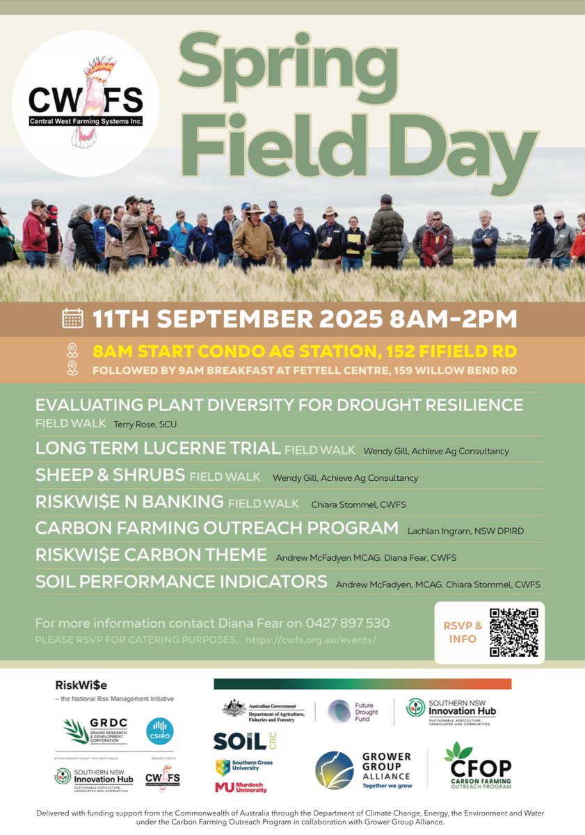 Join us this Thursday for our CWFS Spring Field Day! 

🗓 Event kicks off at 8:00 AM at the Condobolin Ag Research Station, with breakfast and trial tours to follow at The Fettell Centre.
🎟 Tickets are free, but registration is essential. 

You can book here 👇🏼