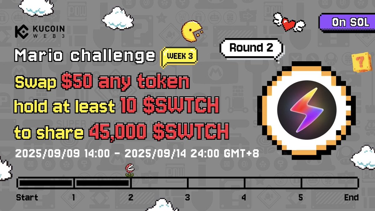 KuCoin Web3 Wallet (@kucoin_web3) on Twitter photo 🚀 $SWTCH On #MarioChallenge Week 3 Round 2!
<a href="/KuCoin_Web3/">KuCoin Web3 Wallet</a> Wallet × <a href="/switchboardxyz/">Switchboard ⚡️</a>
💰 45,000 $SWTCH prize pool (KuCoin Web3 wallet users only)
📅 Sep 9, 14:00 – Sep 14, 24:00 (UTC+8)
How to join:
1️⃣ Join TaskOn 👉 rewards.taskon.xyz/quest/285056433
2️⃣ SWAP ≥ $50 any tokens
3️⃣ HOLD ≥ 10 🚀 $SWTCH On #MarioChallenge Week 3 Round 2!
<a href="/KuCoin_Web3/">KuCoin Web3 Wallet</a> Wallet × <a href="/switchboardxyz/">Switchboard ⚡️</a>
💰 45,000 $SWTCH prize pool (KuCoin Web3 wallet users only)
📅 Sep 9, 14:00 – Sep 14, 24:00 (UTC+8)
How to join:
1️⃣ Join TaskOn 👉 rewards.taskon.xyz/quest/285056433
2️⃣ SWAP ≥ $50 any tokens
3️⃣ HOLD ≥ 10