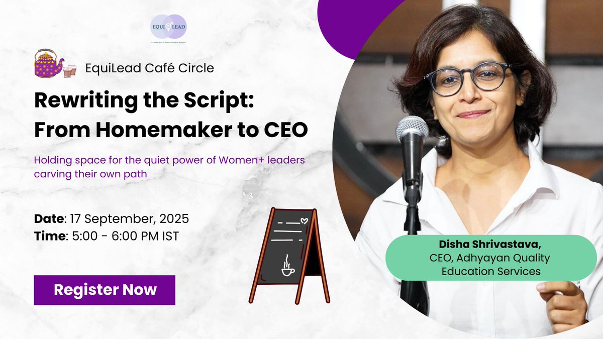 EquiLead (@equileadorg) on Twitter photo What happens when you pause your #career, return with #courage, and rise to #lead?
🎯That’s the story we are bringing to this month’s EquiLead Café with Disha Shrivastava, CEO of <a href="/AdhyayanEd/">Adhyayan Quality Education Services</a>
Register here - forms.gle/AgZMJwCY9XRAJ9… What happens when you pause your #career, return with #courage, and rise to #lead?
🎯That’s the story we are bringing to this month’s EquiLead Café with Disha Shrivastava, CEO of <a href="/AdhyayanEd/">Adhyayan Quality Education Services</a>
Register here - forms.gle/AgZMJwCY9XRAJ9…