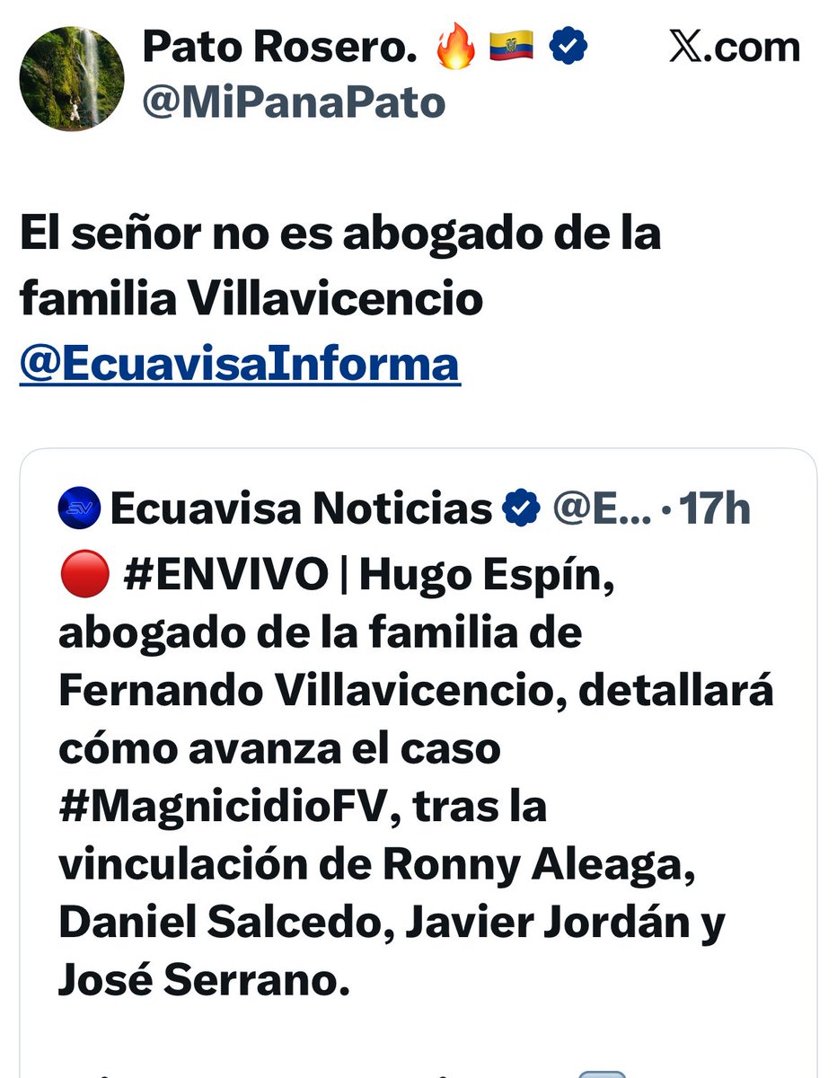 elinformante84's tweet image. @EcuavisaInforma entrevista Hugo Espin y lo presenta como abogado de las hijas de @VillaFernando_ , algo que no es verdad.. #Espin es abogado de @VeroSarauzP 

El abogado de las hermanas Villavicencio es @MiPanaPato