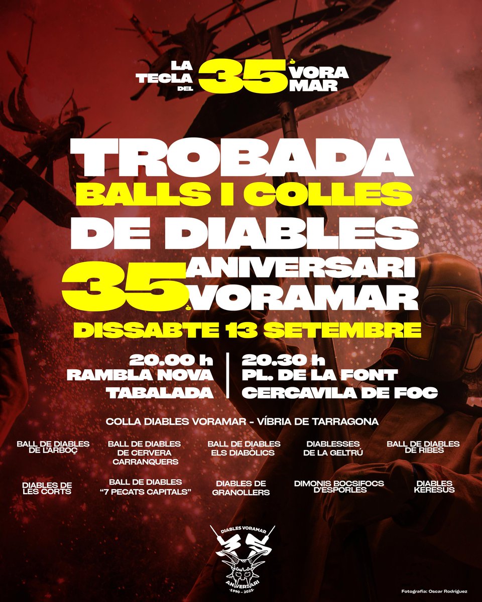 diablesvoramar's tweet image. 🔥🎉Dissabte 13 de Setembre hi ha una gran cita a Tarragona.

Celebrem el 35è aniversari dels Diables Voramar amb una gran Trobada de Balls i Colles de Diables!
👉 A les 20 h comencem amb la tabalada 
👉 A les 20:30h comença la Cercavila de Foc amb les Colles Convidades.
