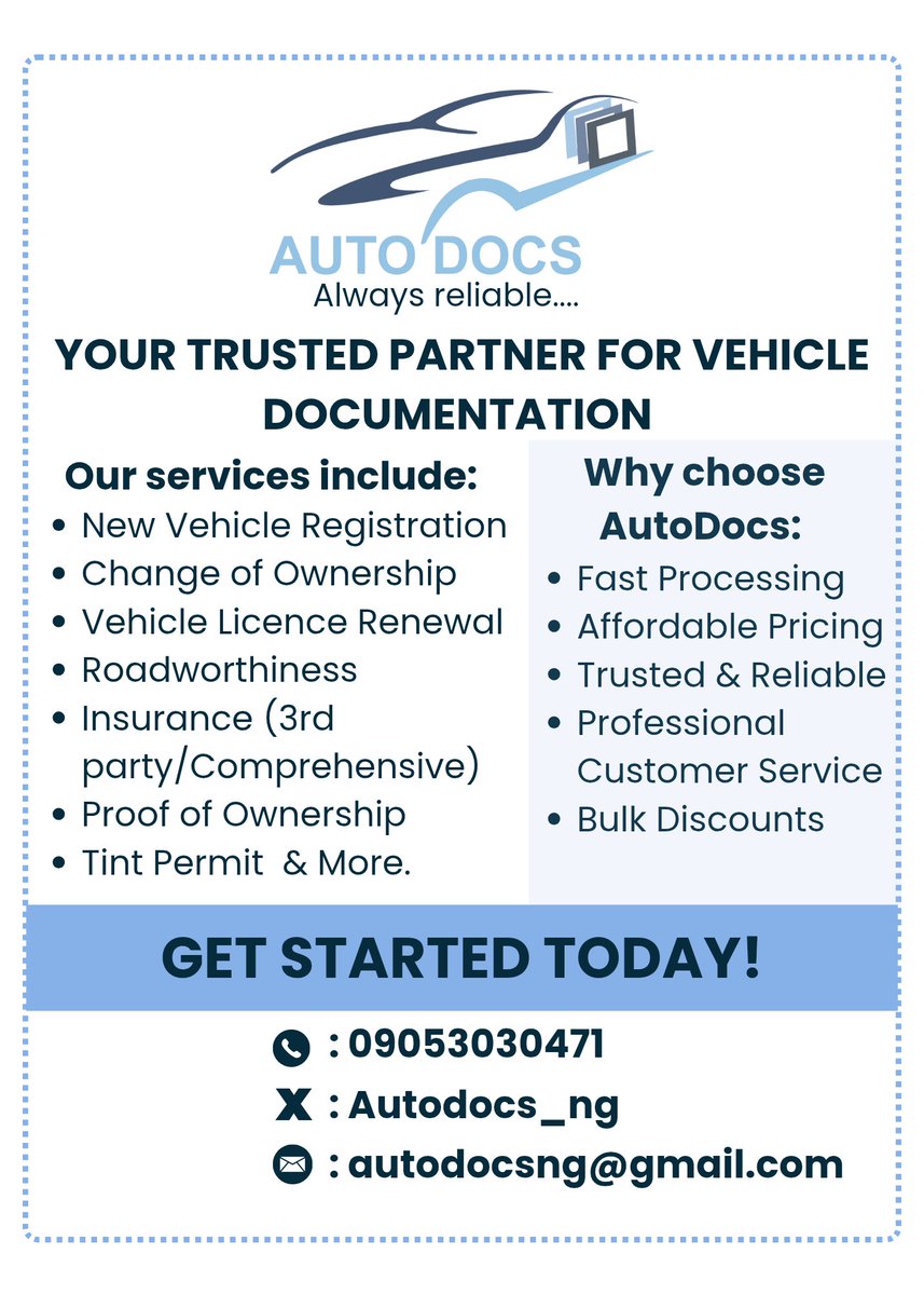 Autodocs_ng's tweet image. Good morning 🌅
Send a DM and get started!
#carpapers #RoadSafety #insurance #vehicle #lagos