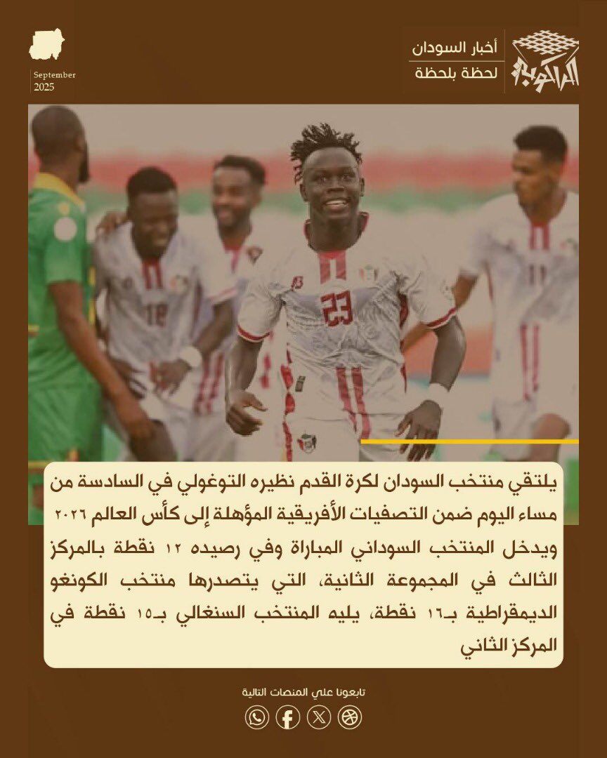 يلتقي منتخب السودان لكرة القدم نظيره التوغولي في السادسة من مساء اليوم ضمن التصفيات الأفريقية المؤهلة إلى كأس العالم 2026
ويدخل المنتخب السوداني المباراة وفي رصيده 12 نقطة بالمركز الثالث في المجموعة الثانية، التي يتصدرها منتخب الكونغو الديمقراطية بـ16 نقطة، يليه المنتخب السنغالي