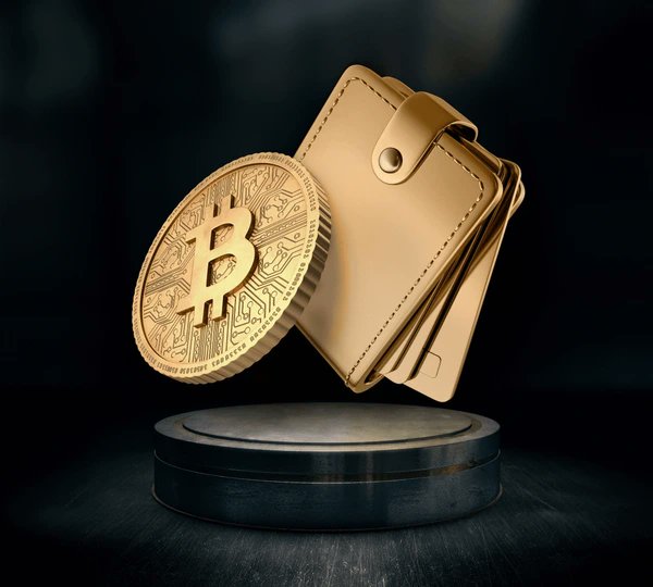 Illustration of a golden Bitcoin coin next to a leather wallet floating on a pedestal