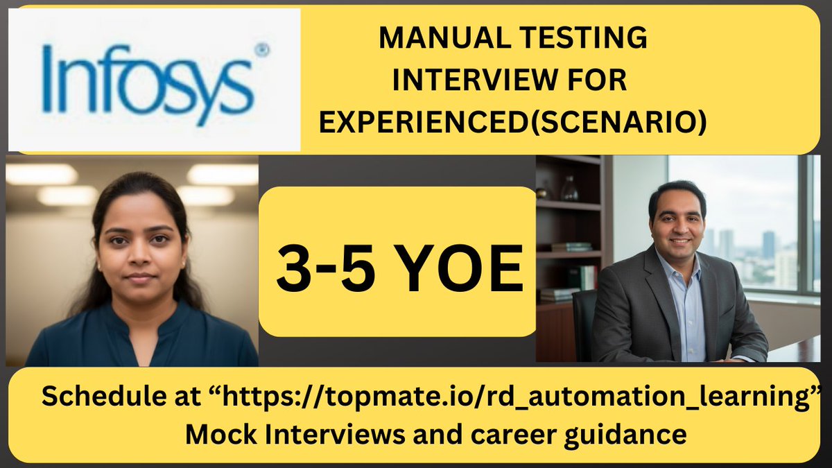 rdautomation's tweet image. New video on Manual Testing Interview Questions &amp;amp; Answers is out.
Link -&amp;gt; youtu.be/ffAsS4V42Yg
Like, Share &amp;amp; Subscribe the channel.
#testingjobs #qajobs #rdautomationlearning #rdtechnicallearning