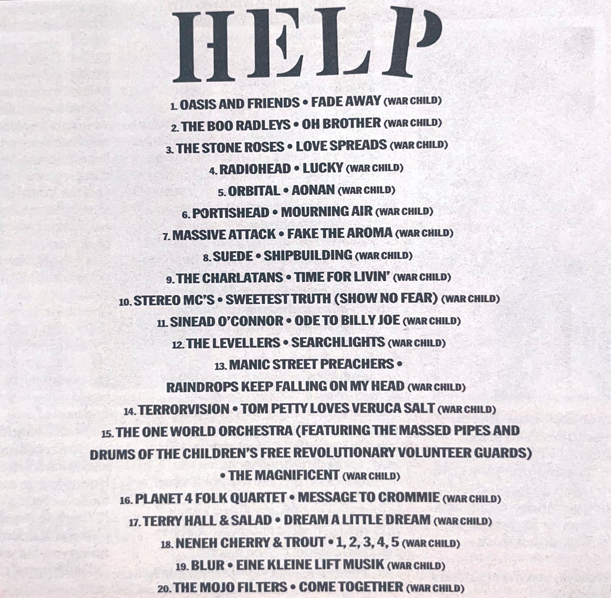 Recorded on a single day, and released only 5 days later.

A very special album turns 30 years old today.

“Help” by Warchild is possibly the most important album of the 1990’s.

What’s your favourite track? Mine is the new version of Love Spreads by The Stone Roses.

1/2