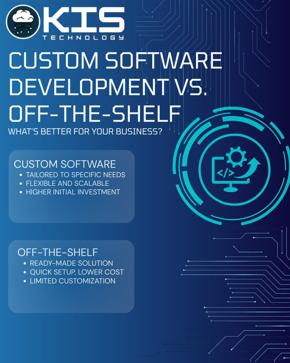 technologykis's tweet image. Custom software or off-the-shelf — which is right for your business? 
Tailored solutions vs. ready-made convenience.
The choice depends on your goals, growth, and budget.
#CustomSoftware #OffTheShelf #BusinessSolutions #KISTechnology #TechDecisions
