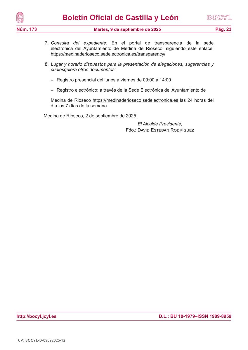 🏛 AYUNTAMIENTO DE MEDINA DE RIOSECO (VALLADOLID)

📰 INFORMACIÓN pública relativa a la solicitud de autorización provisional de uso excepcional de suelo urbano no consolidado, para una vivienda unifamiliar en la calle Callejas n.º 44, en la parcela...

📎 bocyl.jcyl.es/boletines/2025…