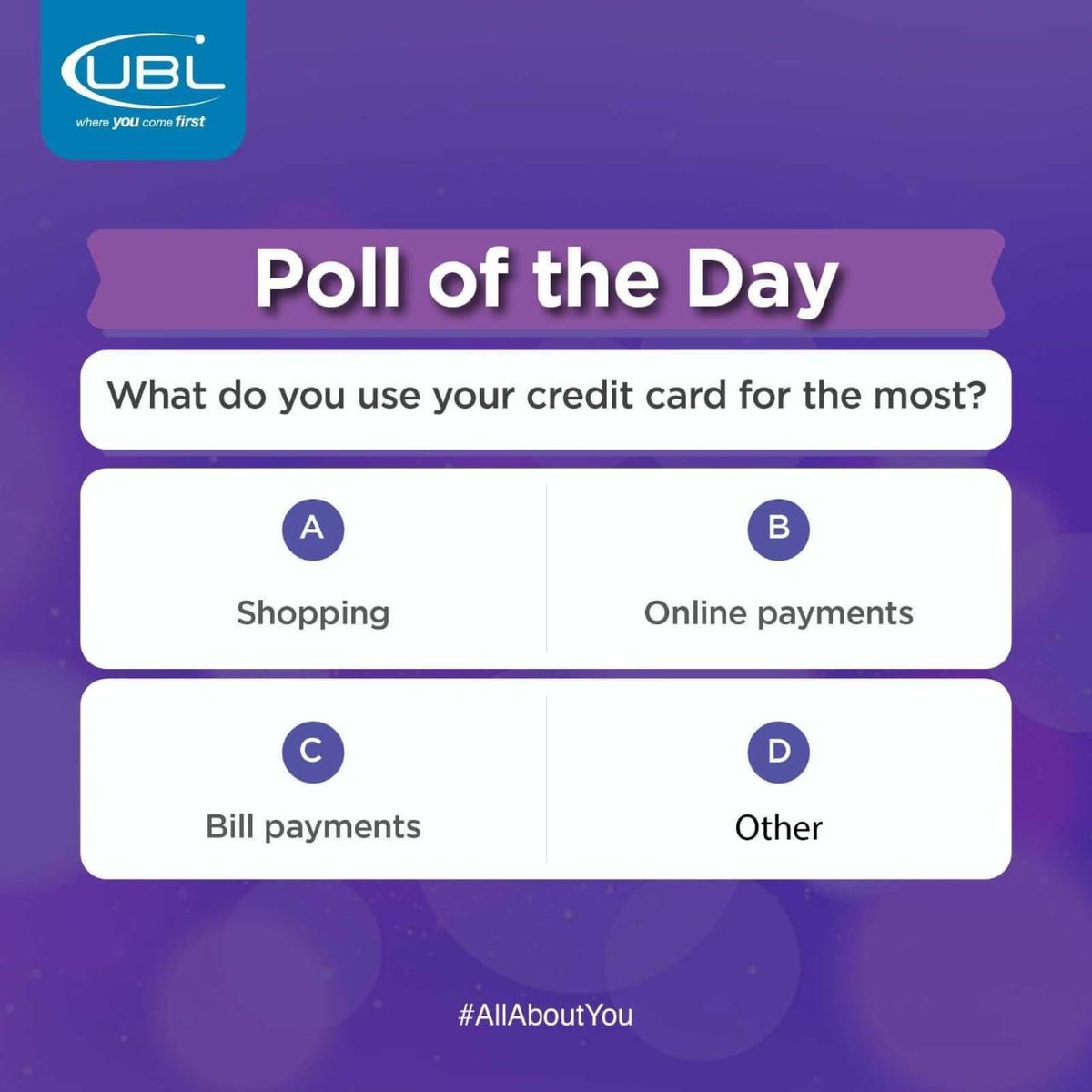 UBLDigital's tweet photo. Is your credit card mostly for shopping sprees or bill payments? Let's settle this! Cast your vote and tell us in the comments.
#UBL #UBLBank #Poll #SmartBanking #BillPay #UBLApp #Convenience #PollOfTheDay #AllAboutYou https://t.co/Gt8caVKCR7