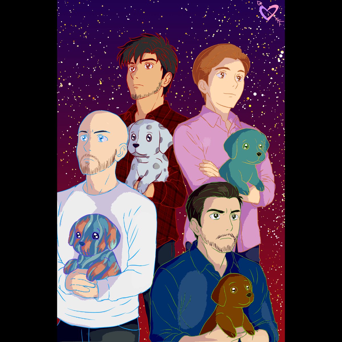 I couldn’t resist drawing one of my favourite comedy groups, <a href="/ShootImpro/">Shoot From The Hip</a> #ShootFromTheHip. I wanted to create something that reflects that joy - Their iconic photoshoot with dogs has always stood out to me and I reimagined it through my own art anime style. I hope this is ok! ❤️