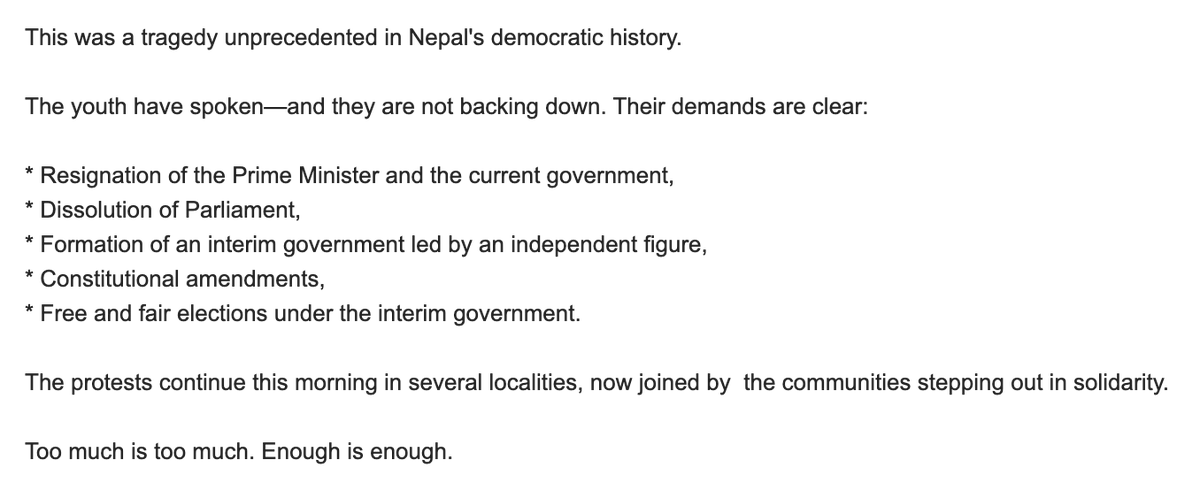 Dapat email dari organisasi mitra Rujak di Nepal mengenai kondisi terkini Nepal. 
Dan ini adalah tuntutan para Gen Z Nepal yang turun ke jalan. Total ada 5 tuntutan.