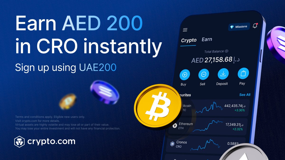 UAE new users: a chance to earn AED 200 in $CRO 🦁

All you have to do is sign up with code UAE200 and trade AED 400+ of any crypto with us — it’s that simple 😌

📆 Live now until rewards run out

Info + T&amp;Cs 👇
crypto.com/events/dxb-cro… 

Virtual assets are highly volatile and