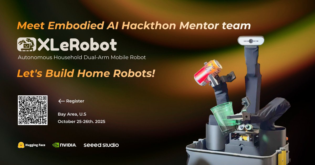 seeedstudio's tweet image. 👾👾 #XLeRobot — Dual-arm mobile household #robot, $660 BOM + &lt;4 hrs assembly (cheaper than an iPhone!)
We’re excited to have XLeRobot team @VectorWang2 joining our #Embodied AI #Hackathon (Oct 25–26, Bay Area) as mentor 🙌
Try sim-trained policies with @huggingface @LeRobotHF…