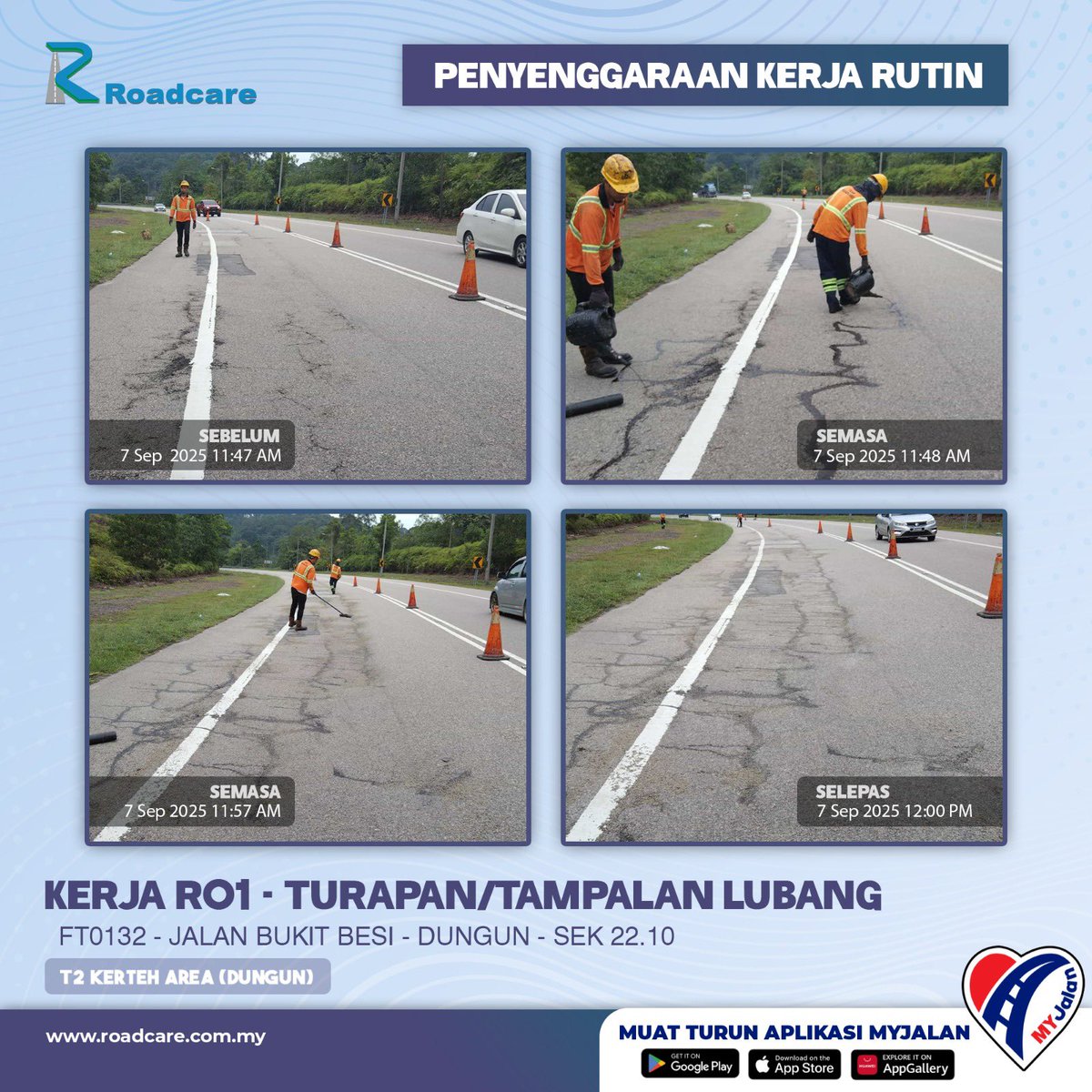 🚧 Kerja Penyenggaraan Rutin R01 - Turapan/Tampalan Lubang 

7 September 2025 | Kerja R01 di FT0132 Sek. 22.10 di #Dungun disenggarakan oleh #teamroadcare bagi keselamatan pengguna Jalan Persekutuan

#InfoJKR #InfoKKR

<a href="/moworksmy/">Kementerian Kerja Raya Malaysia</a> <a href="/CSFJ_JKR/">Cawangan Senggara Fasiliti Jalan (CSFJ)</a> <a href="/JKRDungun/">JKR Dungun</a> <a href="/Roadcare_HQ/">ROADCARE (M) SDN BHD</a>