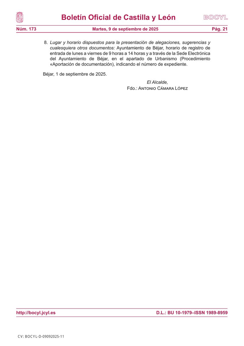 🏛 AYUNTAMIENTO DE BÉJAR (SALAMANCA)

📰 INFORMACIÓN pública relativa a la solicitud de autorización de uso excepcional de suelo rústico y declaración responsable de obras, para una instalación solar fotovoltaica para autoconsumo en la parcela 70 de...

📎 bocyl.jcyl.es/boletines/2025…