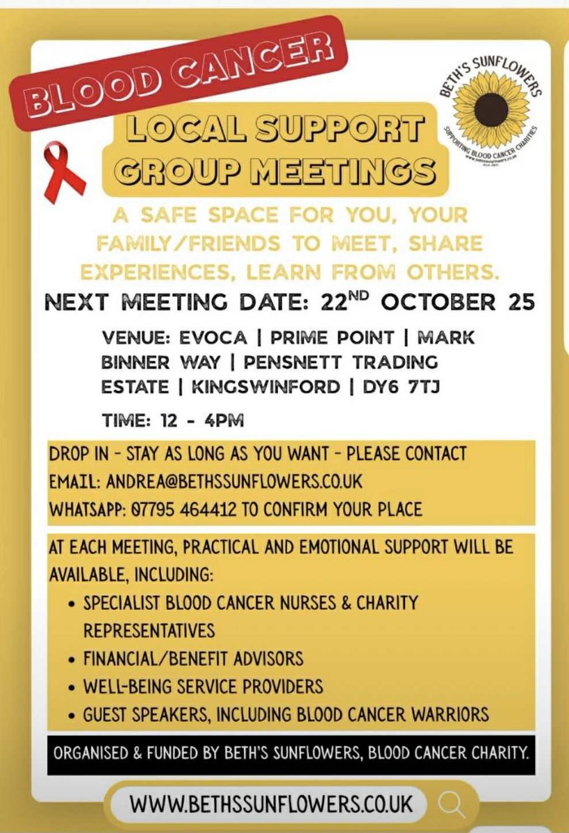 Our blood cancer support meetings start Oct 22nd - a safe, welcoming group to get help, knowledge, info, advice and meet other blood cancer patients…. Spread the word. #bloodcancer #leukaemia #myeloma #lymphoma
