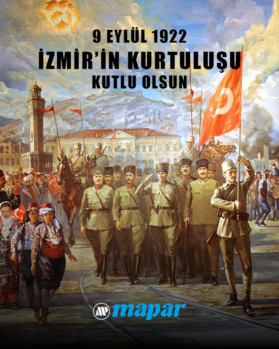 📍 9 Eylül 1922
Bugün, İzmir’in düşman işgalinden kurtuluşunun yıl dönümü.
🇹🇷 Başta Gazi Mustafa Kemal Atatürk olmak üzere, bu toprakları bizlere vatan yapan tüm kahramanlarımızı saygı ve minnetle yad ediyoruz.
#9Eylül #İzmirinKurtuluşu #MaparOtomotiv