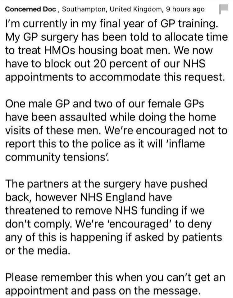 A trainee GP tells us his practice is expected to prioritise 20% of their time to illegal migrants. Three have been assaulted &amp; the police don't want to take things further to avoid "community tensions".

If they don't comply they'll lose funding &amp; don't report it to the media.