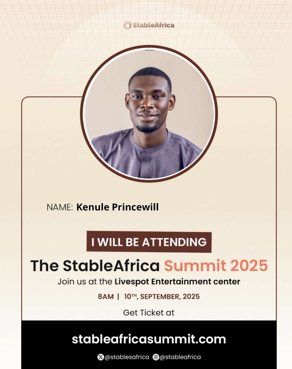 thekenule's tweet image. Traveling all the way from Jos for this! 💪🏿

I’ll be attending the Stable Africa Summit @Stablesafrica on the 10th 🤎

Can’t wait to meet and hear from some OG’s in the game like @theaadedewe @plato_15 @AmarOdedra  @KaganTech amongst others.

Founder? Don’t miss this…