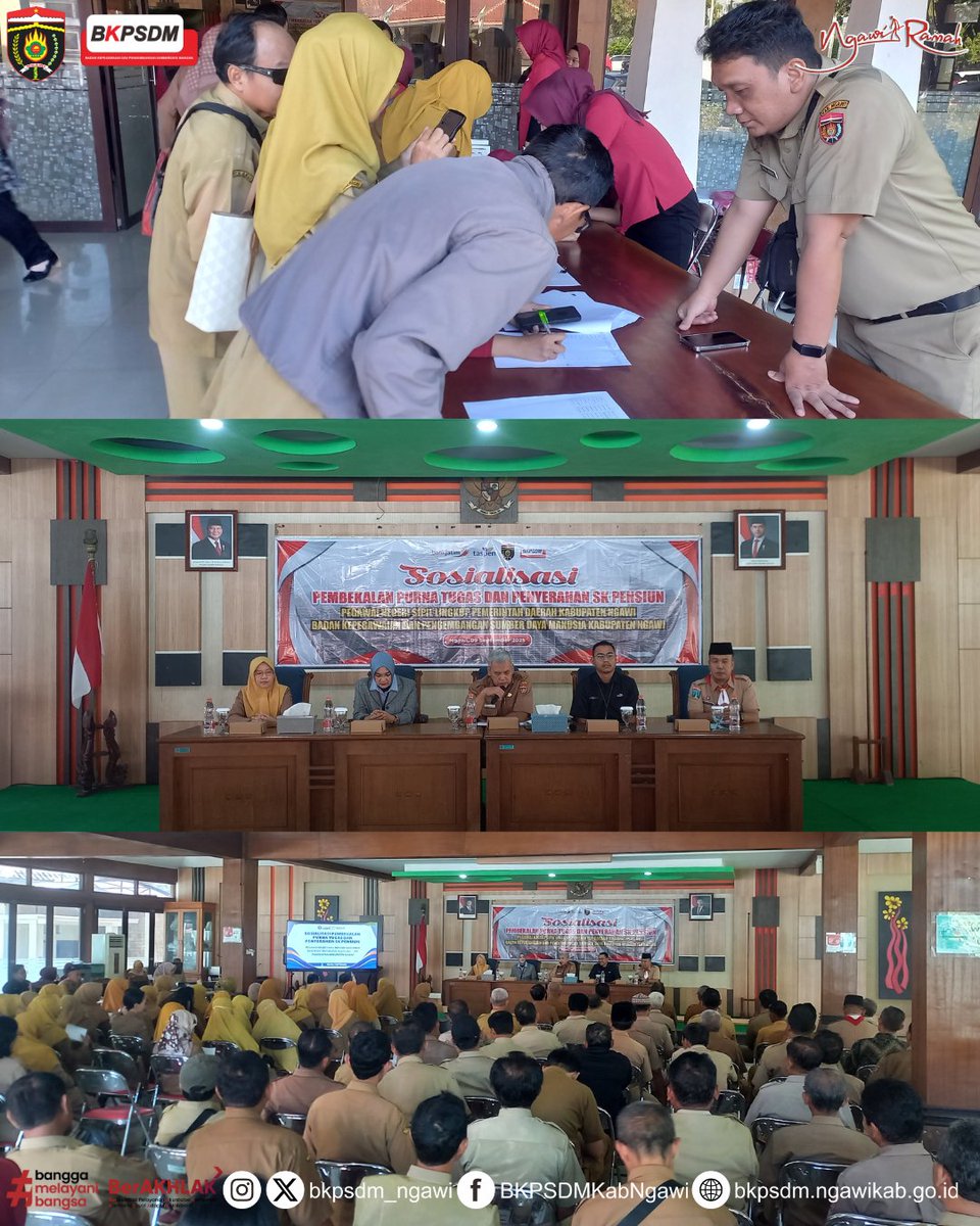 SOSIALISASI
Pembekalan Purna Tugas dan Penyerahan SK Pensiun Pegawai Negeri Sipil Lingkup Pemerintah Daerah Kabupaten Ngawi (09/09)
#ASNBerAKHLAK
#BanggaMelayaniBangsa
#PemkabNgawi
#NgawiRamah
#MakinTopMarkotop
#nengNgawiAE
#NgawiNgangeni
#BKPSDMngawi