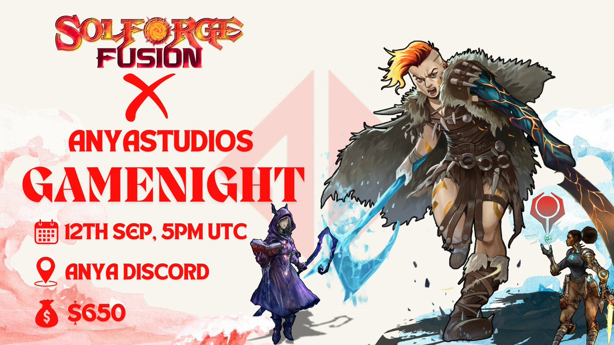 Game Night with <a href="/SolforgeFusion/">SolForge Fusion</a> 

SolForge Fussion is the world's first hybrid deck game that blends the digital and physical  
It's also the world first game in web2, web3 &amp; Tabletop

🗓 Sep 12th, 5pm UTC 
🏆 $650 + Anya points 
 ➡️ Fill the form below and join our discord to
