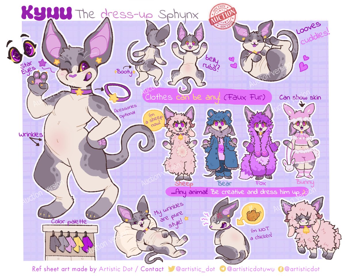 artistic_dot's tweet photo. Say hello to Kyuu, the dress-up Sphynx! He loves using fur as clothes and love cuddles! :3

Tomorrow I will put him to auction, hope y'all like his design guys! Was super fun to work on it! https://t.co/pafOxsfFBx