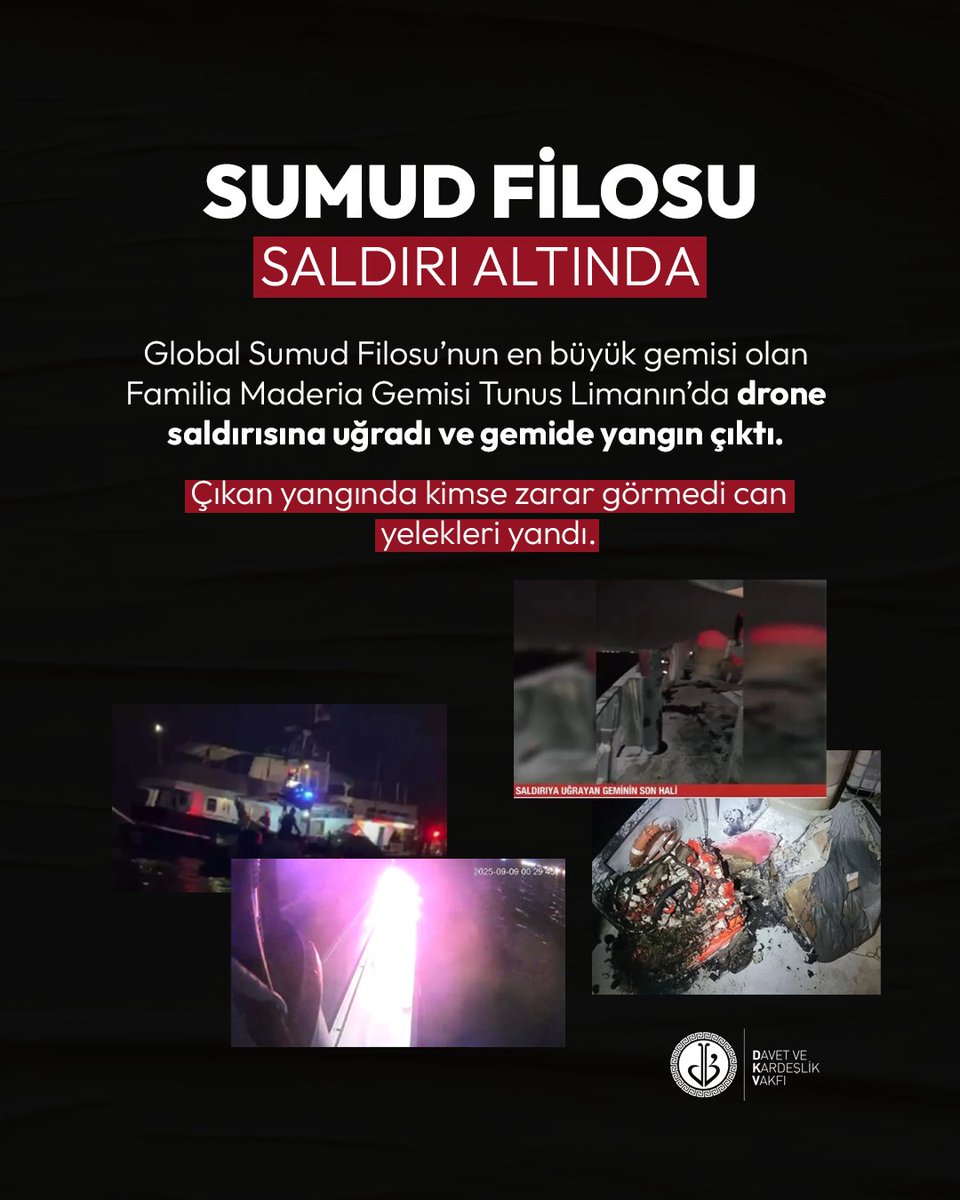 Sumud Filosu Hedefte! Tunus Limanı’nda drone saldırısına uğrayan Familia Maderia Gemisi alev aldı.  Bu saldırılar bize gösteriyor ki;zalimler mazlumun sesinden korkuyor! Ama unutmasınlar: “Allah nurunu tamamlayacaktır, kâfirler hoşlanmasa da.”(Saf 8) #SumudFlotilla #SumudForGaza