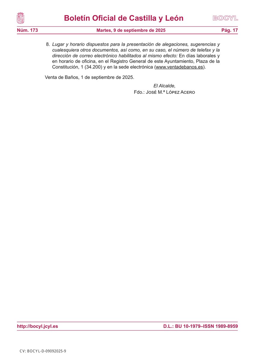🏛 AYUNTAMIENTO DE VENTA DE BAÑOS (PALENCIA)

📰 INFORMACIÓN pública relativa a la solicitud de autorización de uso excepcional de suelo rústico con protección natural CR (cauces y riveras), para la ejecución de una canalización de evacuación a cauc...

📎 bocyl.jcyl.es/boletines/2025…
