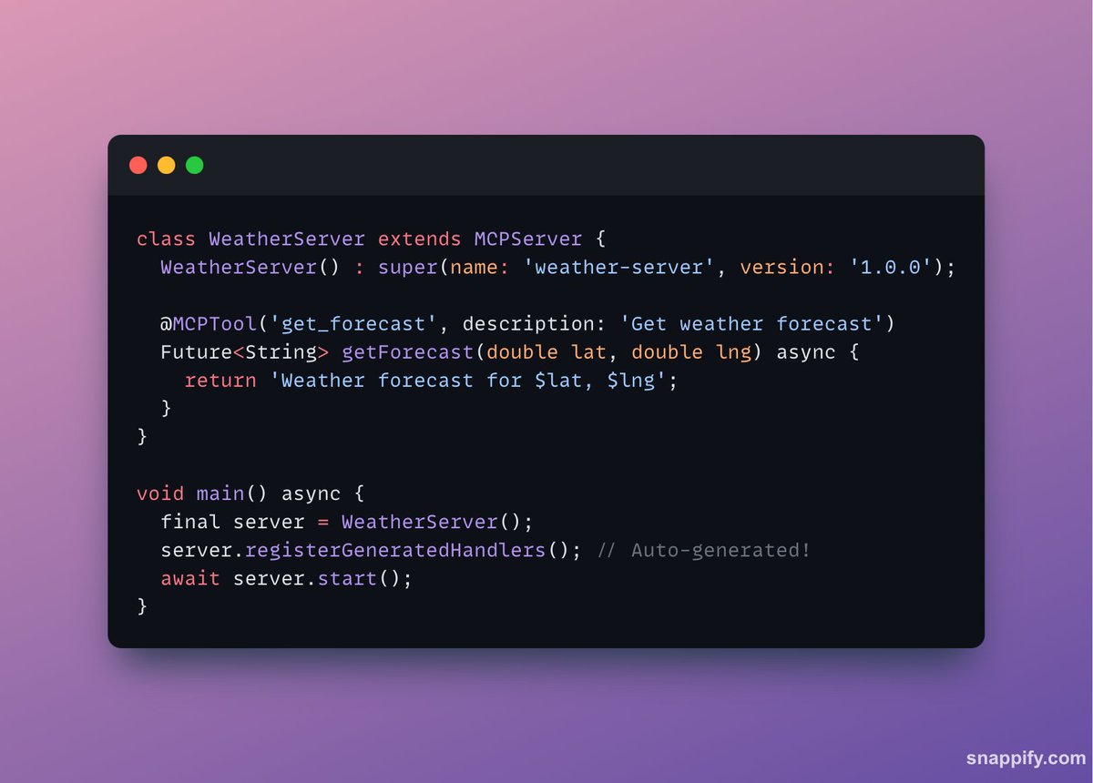 chiziaruhoma's tweet image. I'm excited to announce the MCP Dart Framework - a comprehensive, annotation-based framework for building Model Context Protocol servers in Dart with automatic code generation!
OSS Repo soon
