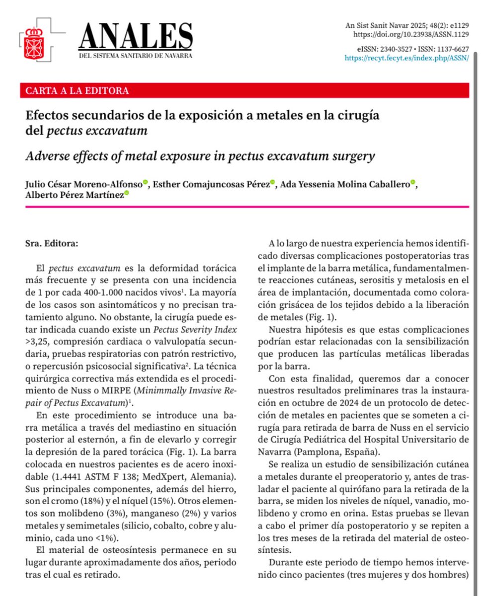CirPediatrForal's tweet image. Reciente publicación de nuestro Servicio en torno a la presencia de #metales en orina en portadores de implantes metálicos tras la corrección del #pectus #excavatum 

Link: pubmed.ncbi.nlm.nih.gov/40838288/

@Me4Ped @SECIPE @salud_na @sopequin