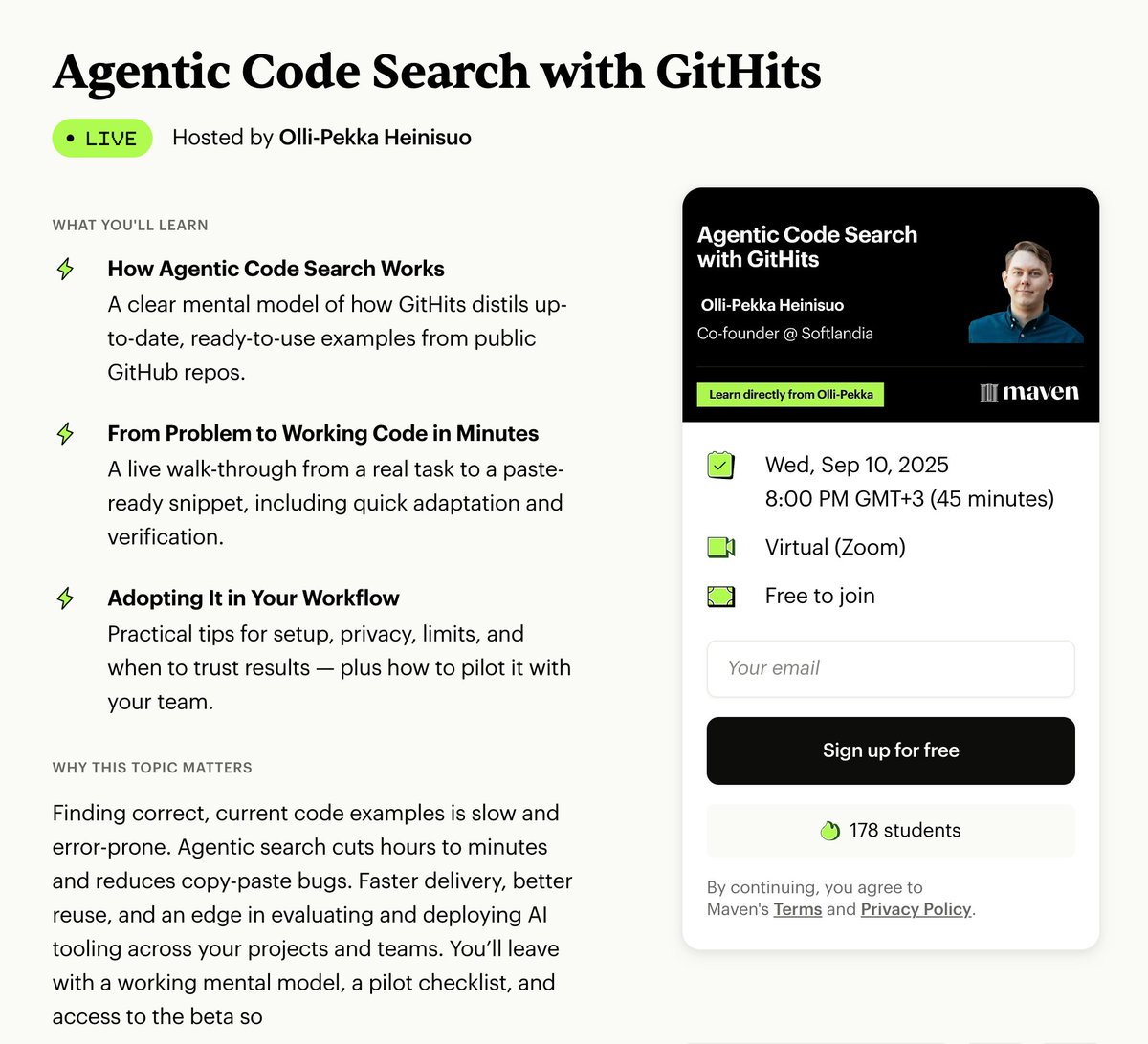 Jack_Timonen's tweet image. Build in public – First Live Demo, a @MavenHQ Lightning Session

#ai #startups #codesearch #github