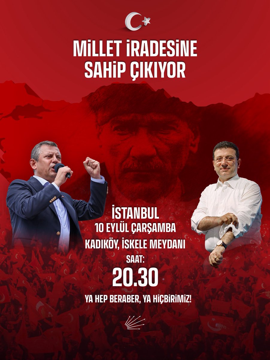 Yarın akşam, Kadıköy’de millet iradesine, demokrasiye, adalete sahip çıkmak; hukuksuzluklara, yargı darbesine karşı hep birlikte ses yükseltmek için buluşuyoruz!

Enerjimiz yüksek, bitiremezsiniz.
İrademiz çeliktendir, bükemezsiniz.
İnsanımız yüreklidir, korkutamazsınız.
Bizi
