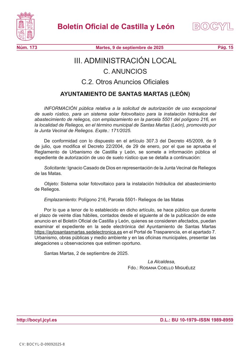 🏛 AYUNTAMIENTO DE SANTAS MARTAS (LEÓN)

📰 INFORMACIÓN pública relativa a la solicitud de autorización de uso excepcional de suelo rústico, para un sistema solar fotovoltaico para la instalación hidráulica del abastecimiento de reliegos, con emplaz...

📎 bocyl.jcyl.es/boletines/2025…