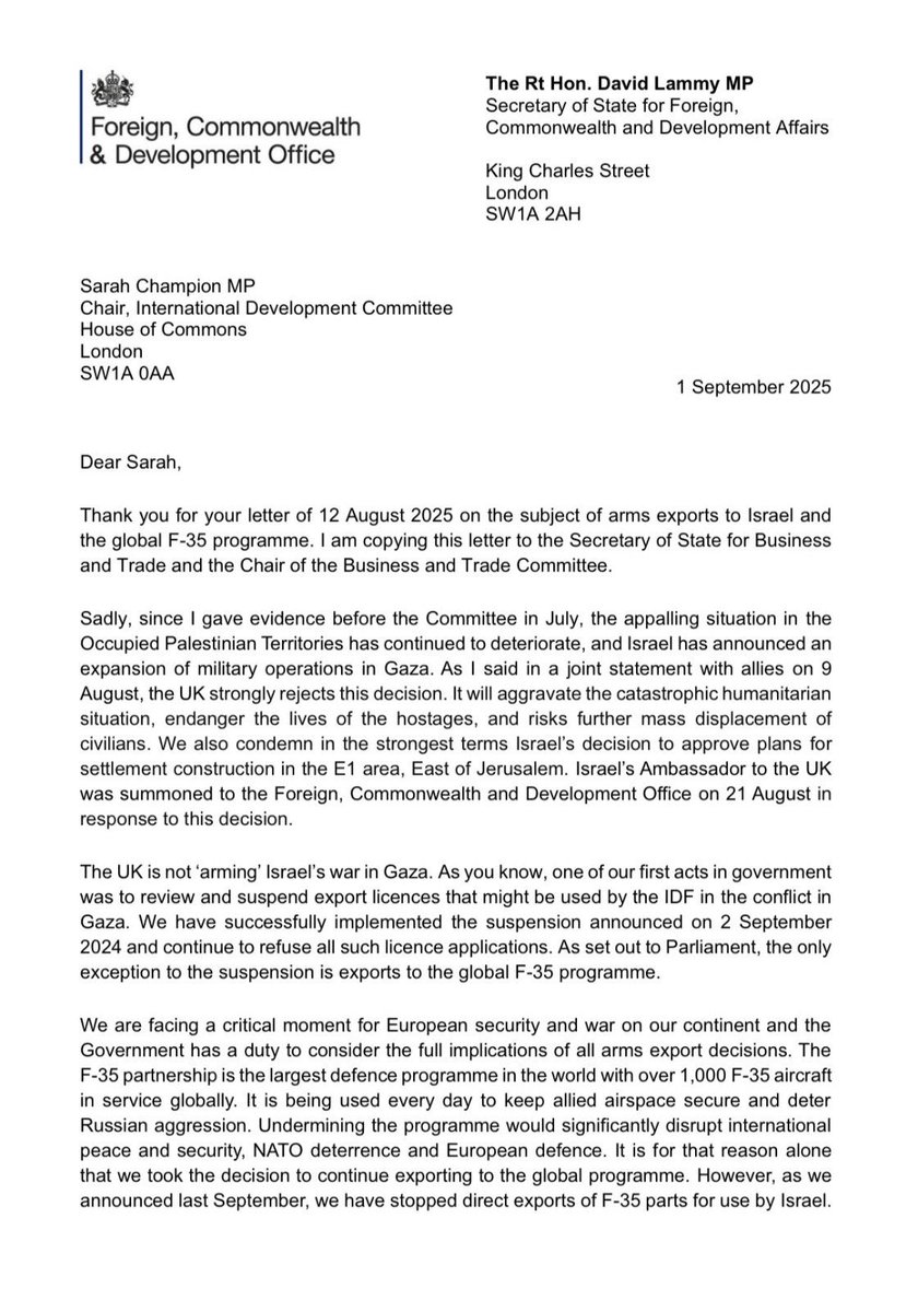 dlLambo's tweet photo. David Lammy’s final deed as foreign secretary.

Summary:

Israel is NOT committing genocide, the suffering is dreadful but we can keep selling weapons. 

This man should be locked up for aiding and abetting. https://t.co/uvYP3wLhCA