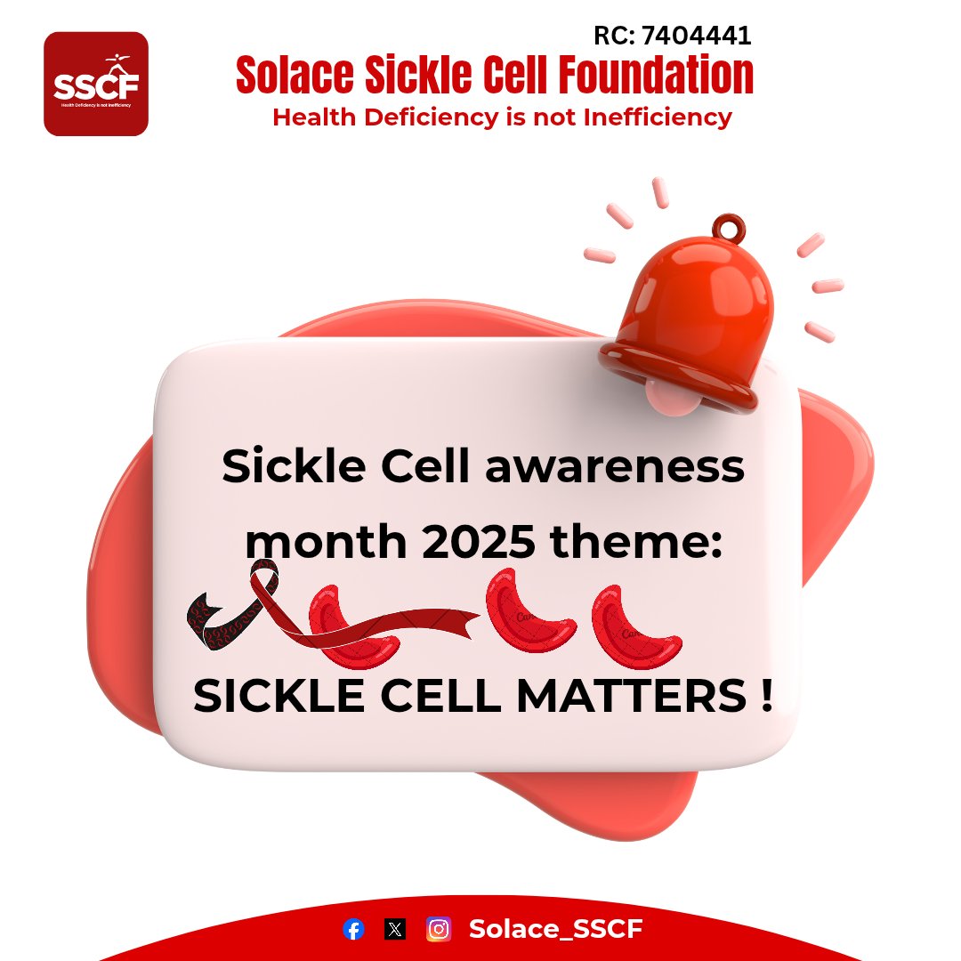 Solace_SSCF's tweet image. This September, we raise our voices with one clear message: SICKLE CELL MATTERS! ❤️

The theme for Sickle Cell Awareness Month 2025, SICKLE CELL MATTERS,  is a reminder that sickle cell disease is not just a health condition, it is a human reality that affects millions of lives