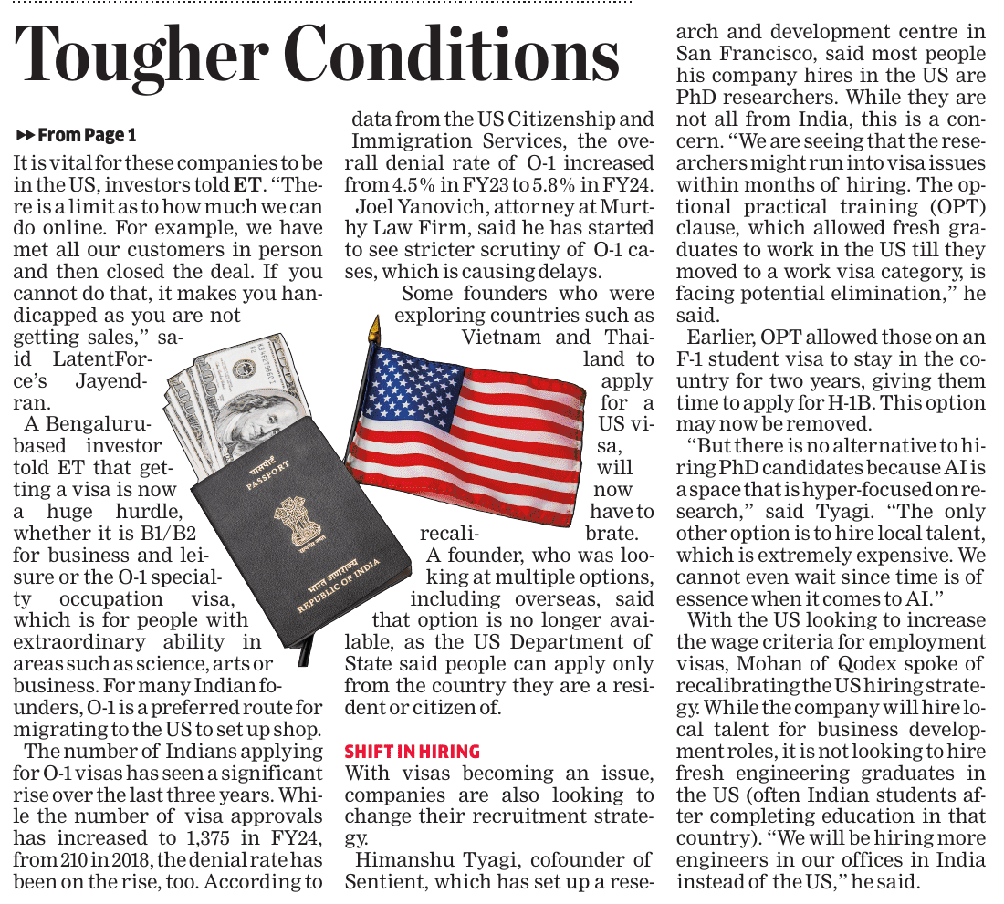 Indian AI founders are move to the #US in droves to stay close to the customers and #GenAI dev. With the Trump administration tightening visa regulations, it is a challenge. #O1visa denials are up, #Bvisas takes too long. This can impact biz deals, hiring
#Immigration #US #GenAI