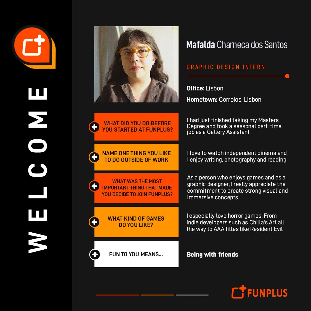 FunPlusGames's tweet image. 🎉 🔊 New Talent Alert! Join us in welcoming Mafalda, our new Graphic Design Intern at Studio Ellipsis in Lisbon. With a passion for horror games and a flair for design, we&apos;re excited to have her on board. Welcome to the team, Mafalda!

#StudioEllipsis  #NewHire #Welcome #FunPlus