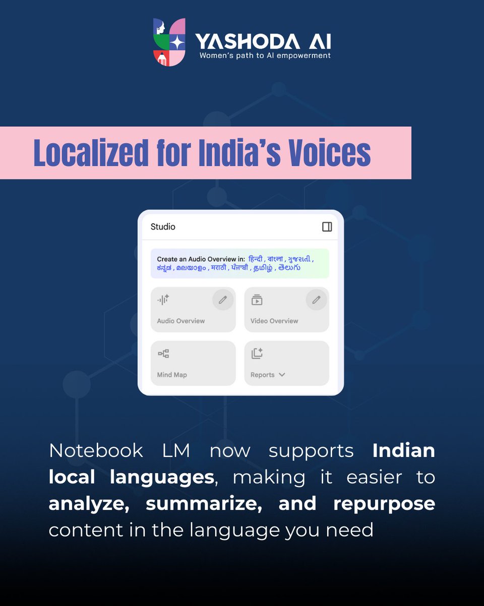 YashodaAI's tweet image. This week with Yashoda AI, we feature Notebook LM by Google Labs, an AI tool that turns lengthy reports, campaigns, and readings into structured insights, enabling sharper decisions, clearer communication, and more time for strategy.
#AIForGood #googlelabs