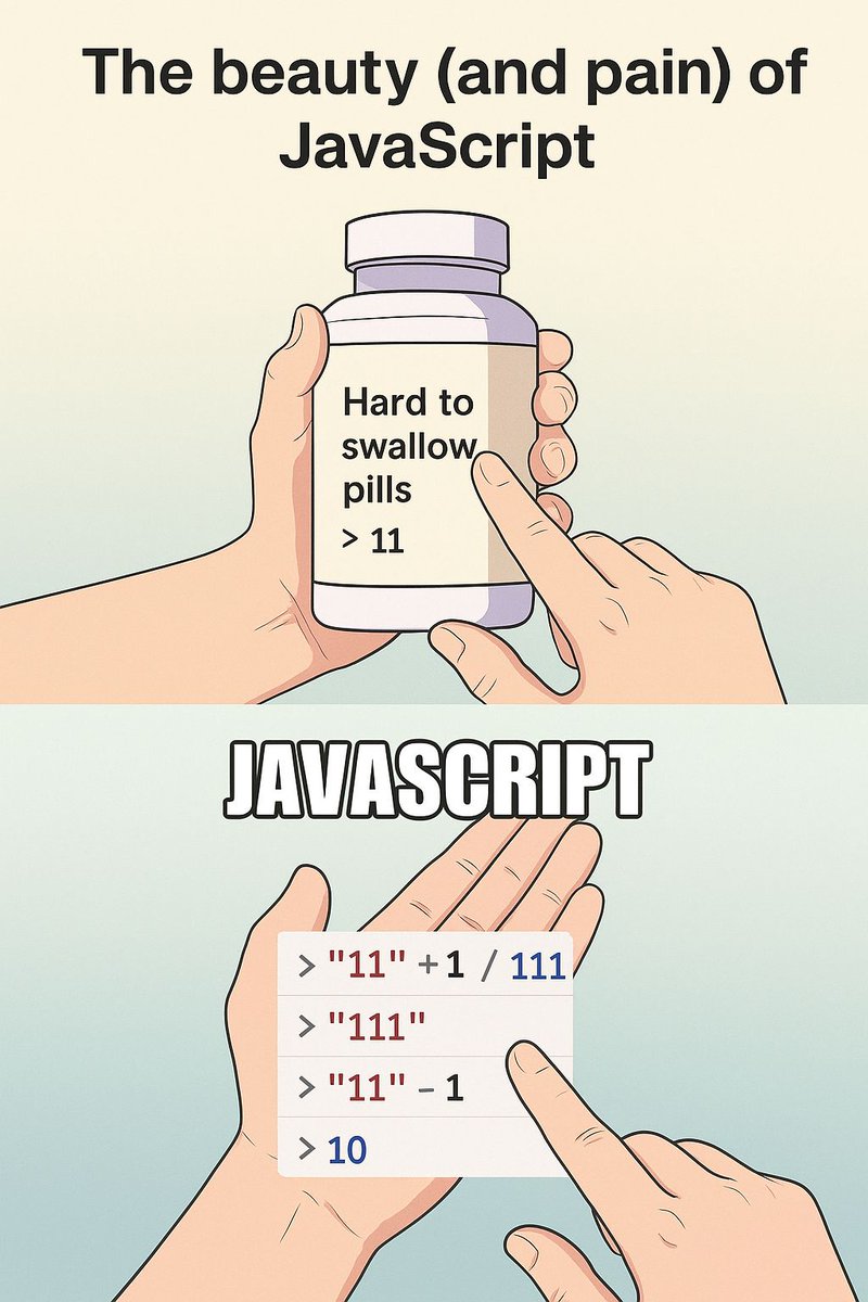 99_tikendra's tweet image. One of the hardest pills to swallow as a developer:
"11" + 1 // "111"
"11" - 1 // 10
JavaScript never fails to surprise us with type coercion.
Pro Tip: Always be mindful of implicit type coercion and use Number(), String(), or parseInt() explicitly to avoid unexpected results.