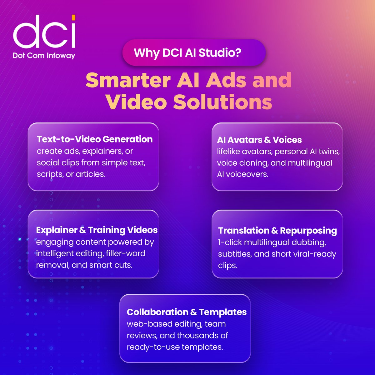 dotcominfoway's tweet image. The future of creativity is AI-powered!

With DCI AI Studio, you can transform simple text into videos, create lifelike AI avatars, clone voices, translate content, and repurpose videos with ease.

📩Let’s build the future together with DCI AI Studio

#DCIAIStudio #AI #AIStudio