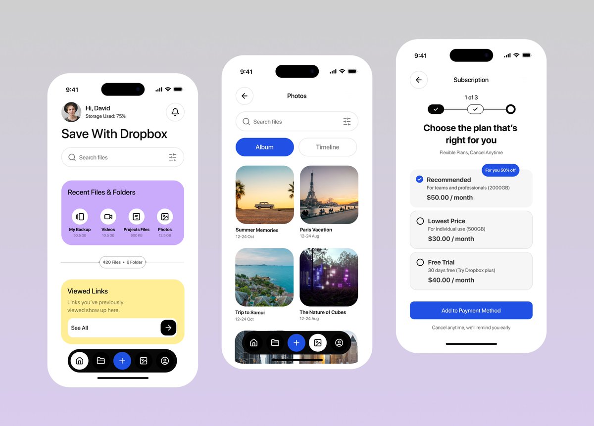 Just finished a fresh Dropbox app redesign. From browsing files to picking a plan. What do you think of this look?