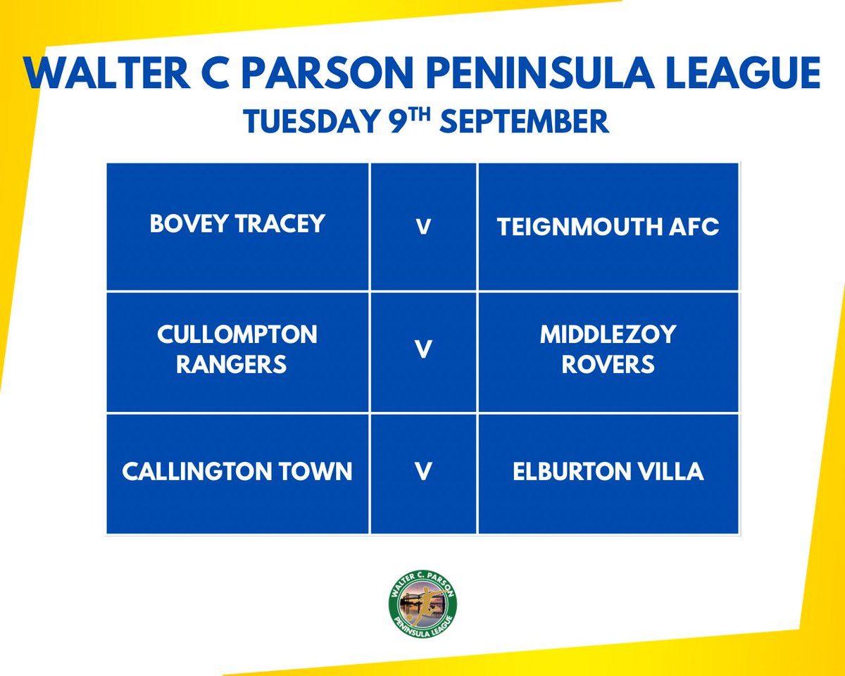 WALTER C. PARSON PENINSULA LEAGUE (@swpleague) on Twitter photo Tuesday's League games, Two in East and One in West
In addition Bishops Lydeard now host Saltash United in the FA Vase at Darby Way
<a href="/swsportsnews/">South West Sports News</a> Tuesday's League games, Two in East and One in West
In addition Bishops Lydeard now host Saltash United in the FA Vase at Darby Way
<a href="/swsportsnews/">South West Sports News</a>