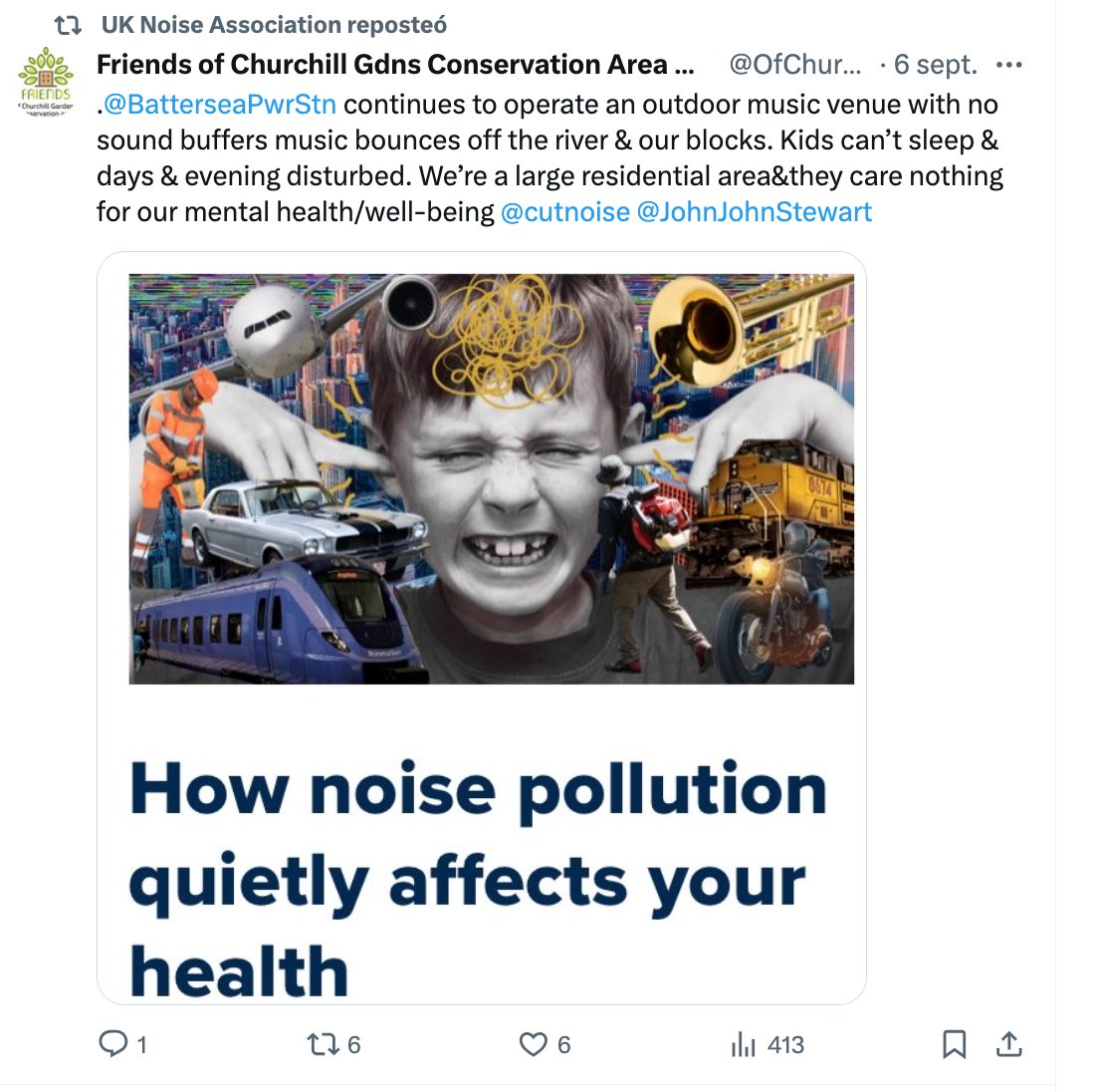 ¿ Epidemia Mundial?
<a href="/BatterseaPwrStn/">Battersea Power Station</a>
sigue operando un local de música al aire libre sin barreras acústicas; la música rebota en el río y en nuestras manzanas. Los niños no pueden dormir y se ven perturbados día y noche. Somos una gran zona residencial y no les importa nuestra