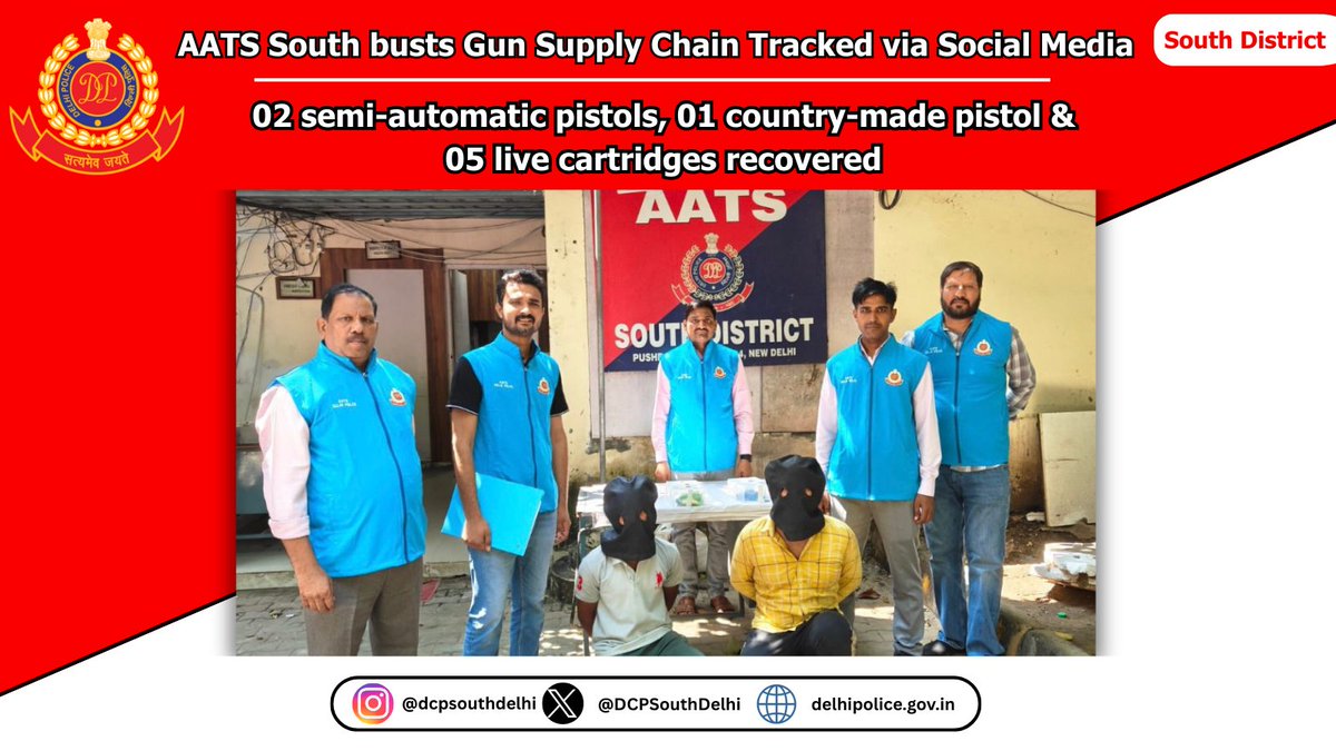 DCPSouthDelhi's tweet image. 🚨 AATS South busts Gun Supply Chain Tracked via Social Media.

➖ 03 criminals arrested

➖ 02 semi-automatic pistols, 01 country-made pistol &amp;amp; 05 live cartridges recovered

@DelhiPolice @CPDelhi 

#DelhiPolice #SouthDistrict #SouthDelhi @DPUpdates #DCPSouth