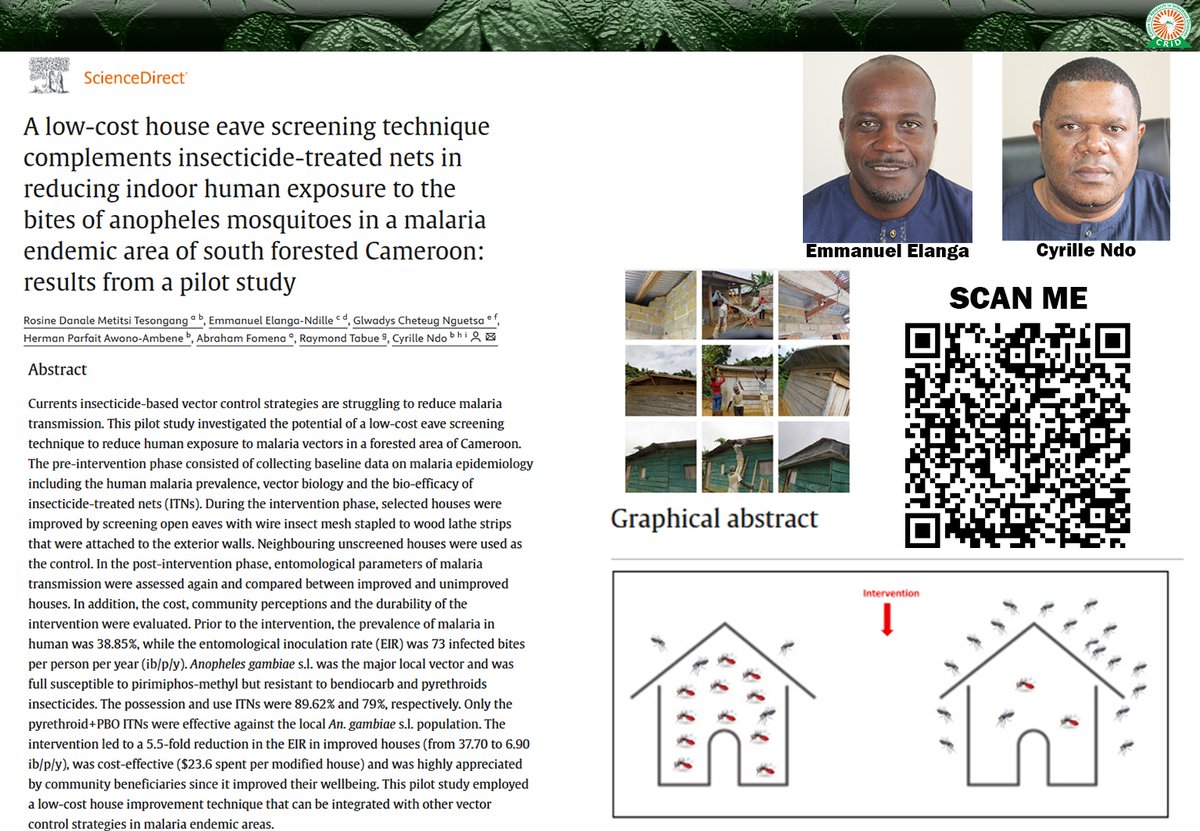 Our  latest study. A  research led by Rosine Danale Metitsi Tesongang &amp; all. This pilot study investigated the potential of a  low-cost eave screening technique to reduce human exposure to malaria  vectors in a forested area of Cameroon.
Read More 👉 👉 shorturl.at/NVUsq
