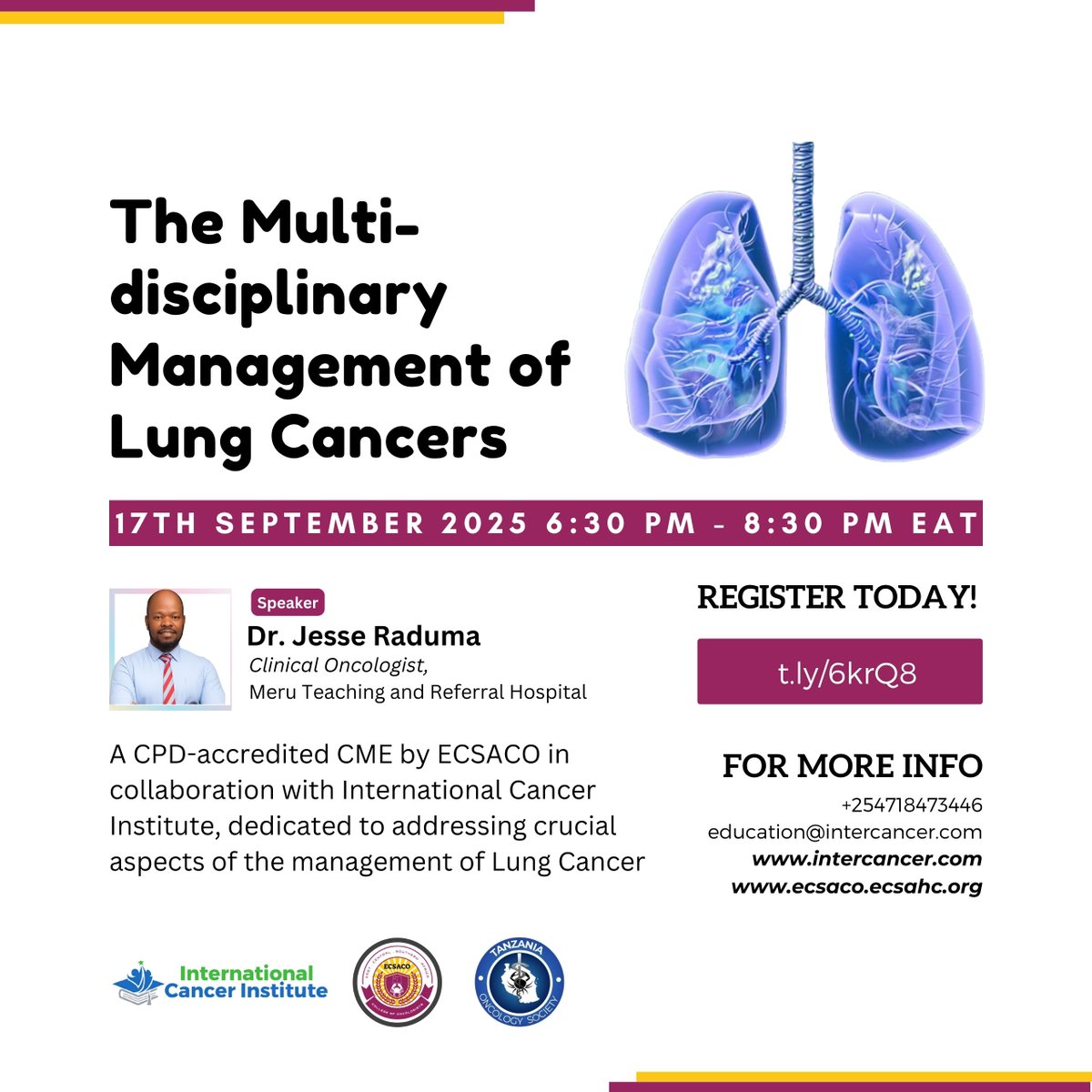 Intercancer's tweet image. We have an incredible Lung Cancer CME on September 17, 2025, from 6:30 - 8:30 pm featuring Dr. Raduma Jesse. Other panelists in this CPD-accredited CME, organized by @ECSACO_College and @Intercancer, include Dr. Jocelyn Nyokabi, Dr. Ibrahim Hassan, and Dr. Erick Chesori 1/2