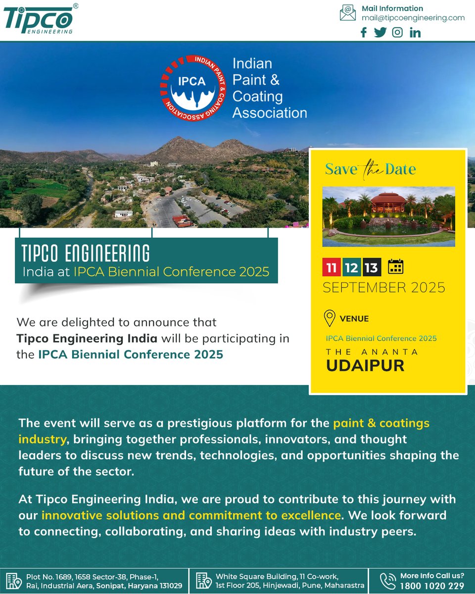 tipcoengineer's tweet image. We’re delighted to share that Tipco Engineering #India  will be participating in the IPCA Biennial #Conference  2025 at The Ananta, #Udaipur, from 11th to 13th #September 2025.✨
We look forward to #connecting, collaborating, and sharing insights with #industry peers. #event2025
