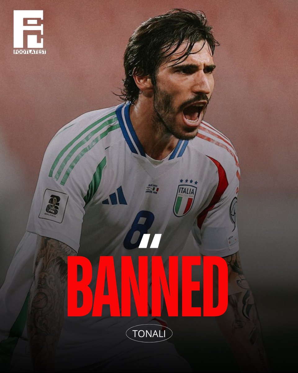 Footlatest442's tweet photo. BREAKING : TONALI BANNED FOR 10 YEARS❌

#NUFC star Sandro Tonali’s game by numbers for Italy vs. Israel tonight: 

101 minutes played ⏰
8 recoveries 💪🏽 
7 duels won ⚔️
3 chances created 🎨
3 fouls won 🔋
2/2 tackles won 🧱
2/2 successful dribbles ✨
1 crucial goal ⚽️
#tonali https://t.co/25EXAYeuCx